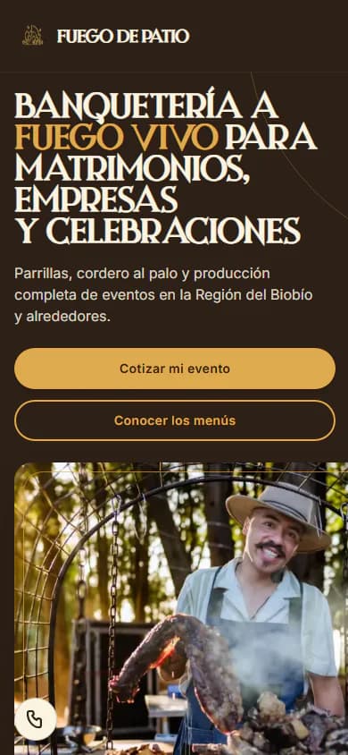 Versión móvil de la portada de Fuego de Patio con propuesta, llamados a cotizar y fotografía del asador