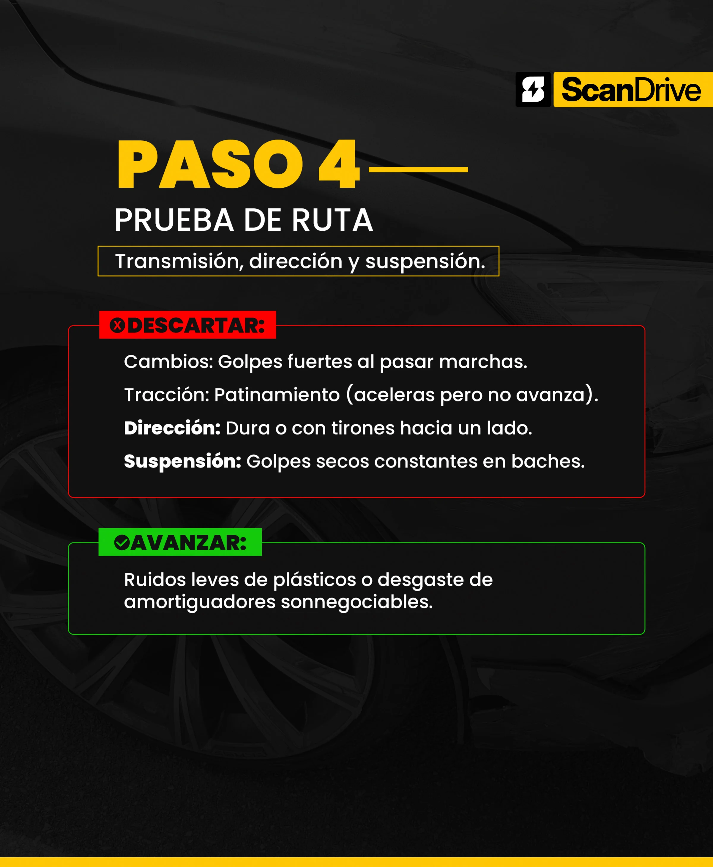 Página de la guía Scandrive sobre neumáticos, frenos y suspensión