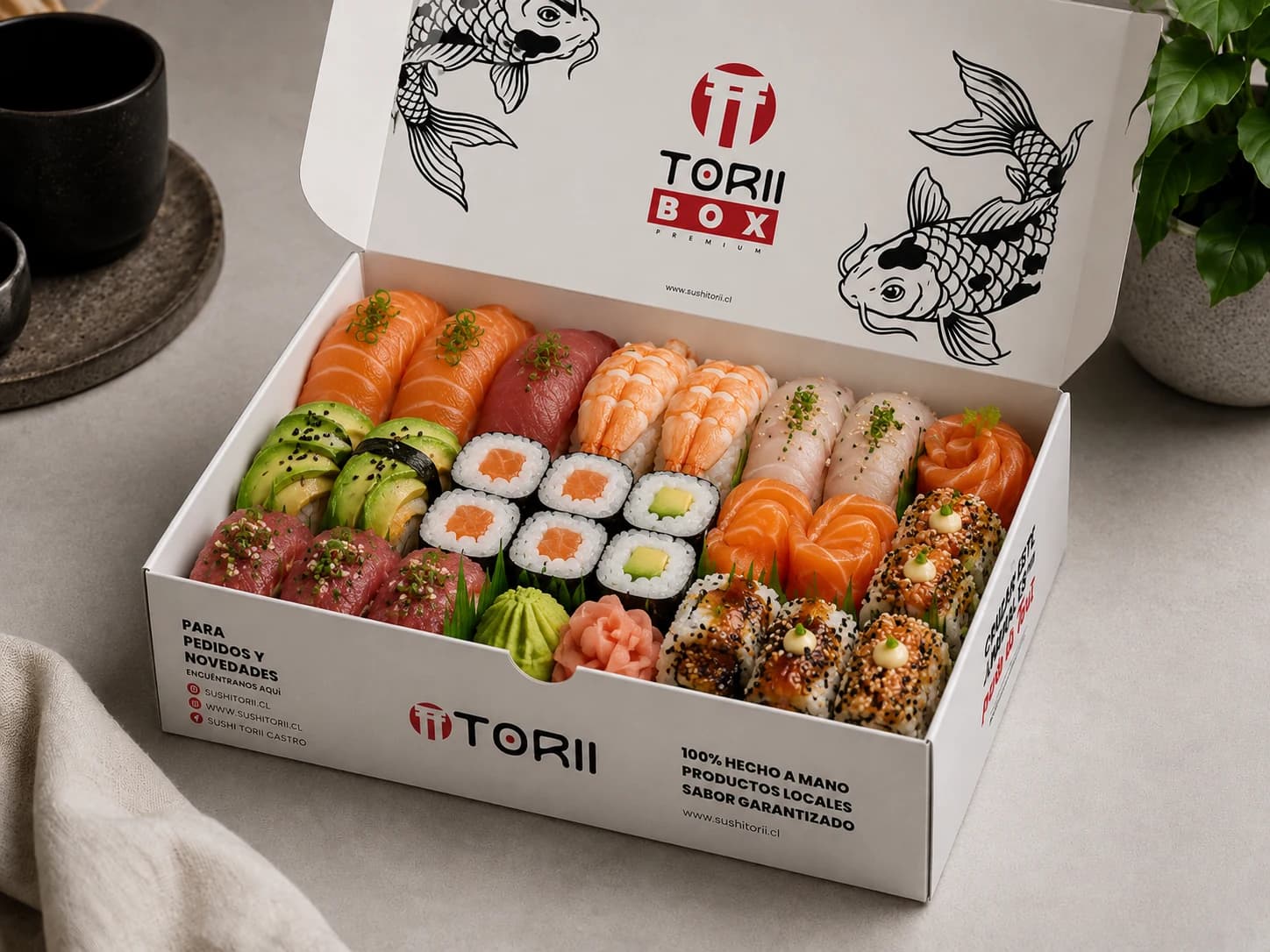 Caja de Sushi Torii producida y abierta sobre una mesa.